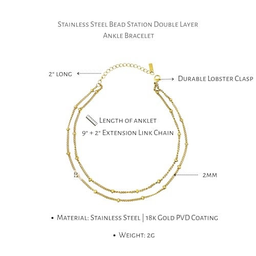Stainless Steel Chain Ankle Bracelet for Women Adjustable Waterproof Anklet - color: Gold / Double Layer Bead Station Link
