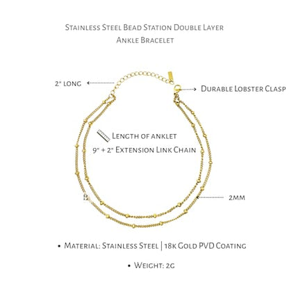Stainless Steel Chain Ankle Bracelet for Women Adjustable Waterproof Anklet - color: Gold / Double Layer Bead Station Link