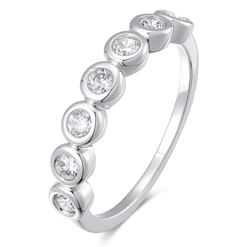 espere Womens Bezel Set Wedding Band | 14K Gold Plated Round Cut CZ Half Eternity Wedding Ring - color: Silver; Half Eternity Bezel Set