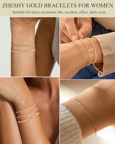 ZHESHY Gold Initial Bracelets for Women Dainty Letter A-Z Charm Bracelets Non Tarnish 14K Gold Plated Stackable Layered Paperclip Link Chain Bracelets Stack Set Personalized Gifts Womens Jewelry - color: Gold T