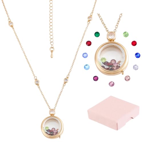 13Pcs Heart Floating Locket Pendant Necklaces Golden Locket Pendant Necklace Memory Metal Necklace with Colorful Glass Cabochons 18.11 inch Long for Women Friendship Memory Nostalgic - color: Round Golden