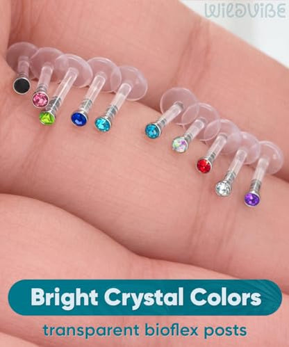 Bioflex Labret Plastic Lip Piercing Jewelry for Monroe, Medusa, Ashley and Cartilage Piercings, Tragus, Conch, Helix, Daith - 16g Clear Post Studs with Push-In CZ Crystals - color: Jet, Clear, AB, Rose, Aqua, size: 9mm