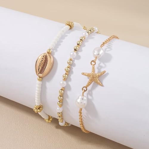 Boho Shell Ankle Bracelet Set for Women Adjustable Gold Plated Stackable Hawaiian Beach Vacation Pearl Seashell Starfish Foot Jewelry Gifts - color: Set B