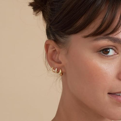 3 Pairs Huggie Hoop Earring Set 18K Gold Plated Cubic Zirconia Cartilage Earrings, Multi Piercings Ear Jacket Earring Climber Stud Earring for Women Everyday Earrings - color: 3 CZ Gold