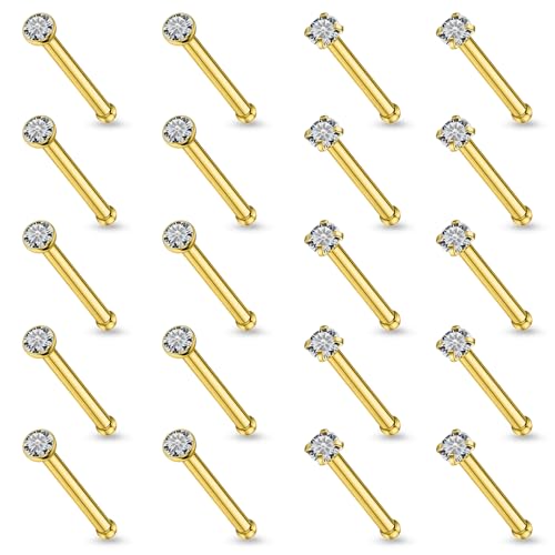 20Pcs Nose Rings Studs Surgical Steel L-Shape Nose Rings for Women 1.5mm 2mm Cubic Zirconia Nose Screw Studs Hypoallergenic Nose Piercings Jewelry 24g 22g 20g 18g - color: straight,goldtone, size: 18g,1.5mm CZ