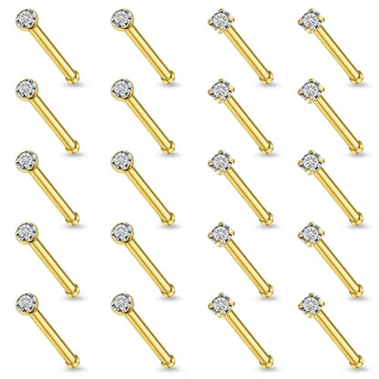 20Pcs Nose Rings Studs Surgical Steel L-Shape Nose Rings for Women 1.5mm 2mm Cubic Zirconia Nose Screw Studs Hypoallergenic Nose Piercings Jewelry 24g 22g 20g 18g - color: straight,goldtone, size: 18g,1.5mm CZ