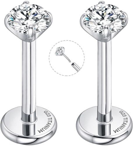 Threadless Flat Back Earrings for Tragus, Helix, Conch, Daith, Cartilage Piercings - G23 Titanium Flatback Stud Earrings with Grade AAAAA Cubic Zirconia - Threadless Flat Back Nose Stud Push Pin Ring Earring Studs (18g, 16g, 20g - 6mm, 8mm) - color: Silve