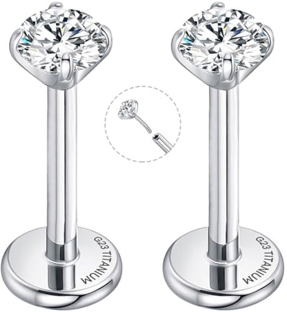Threadless Flat Back Earrings for Tragus, Helix, Conch, Daith, Cartilage Piercings - G23 Titanium Flatback Stud Earrings with Grade AAAAA Cubic Zirconia - Threadless Flat Back Nose Stud Push Pin Ring Earring Studs (18g, 16g, 20g - 6mm, 8mm) - color: Silve