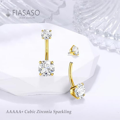 14G Surgical Steel G23 Titanium Sterling Silver 14K Gold Plated Belly Button Rings for Women Round Cubic Zirconia Navel Barbell Stud Hypoallergenic Body Piercing Jewelry - color: 14K Gold Plated, size: 8mm-Sleek-Thin