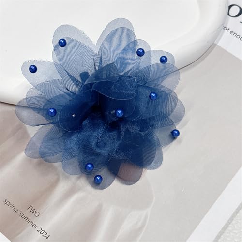 13cm/5in Beaded Mesh Flower Brooch Pin for Women Girls Dainty Round Shell Pearl Ball Beads Camellia Peony Flowers Brooches Lapel Hair Pins Elegant Wedding Anniversary Accessories Jewelry - color: Navy