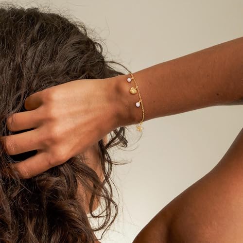 Gold Bracelets for Women, Dainty Friendship Charm Bracelet 14K Gold Plated Summer Shell Starfish Pearl Bracelet Cute Heart Charm Bracelets for Women Trendy Non Tarnish Beach Jewelry Gifts - color: Gold-Shell
