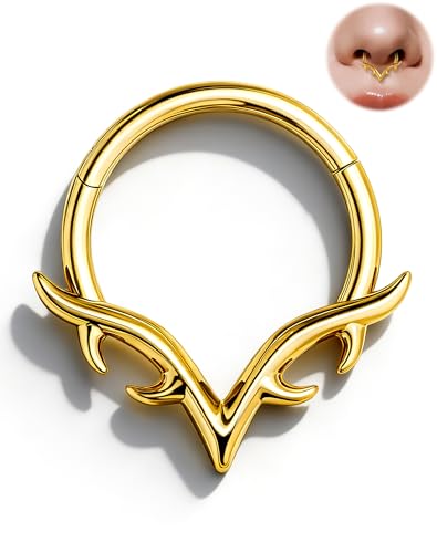 OUFER 16g Septum Rings, Blade Wings Septum Jewelry, V Shape Hinged Segment Clicker, Hypoallergenic Surgical Steel Nose Rings Hoops, Helix Daith Tragus Conch Piercing Jewelry for Women Men Silver/Gold - color: Gold