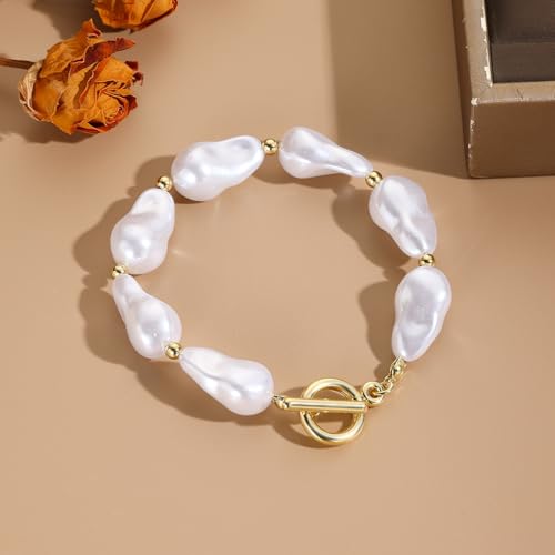 Baroque Pearl Bracelet for Women Elegant Gold Plated Irregular Chunky Pearls Bracelets Summer Starfish Seashell Conch Cuff Bracelets Jewelry for Vacation - color: gold