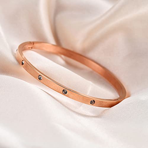 VQYSKO Love Friendship Bracelet Bangle Gold Rose Gold Silver with Cubic Zirconia Stones Stainless Steel Hinged Jewelry with Crystal Oval Bracelet Birthday Present for Her Women Teen Girls - style: 6.5Inch-4MM-Oval-Rose Gold
