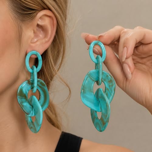Turquoise Blue Acrylic Dangle Earrings for Women, Geometric Chunky Drop Earrings, Lightweight Statement Link Earrings, Modern Resin Fashion Jewelry