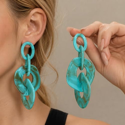 Turquoise Blue Acrylic Dangle Earrings for Women, Geometric Chunky Drop Earrings, Lightweight Statement Link Earrings, Modern Resin Fashion Jewelry