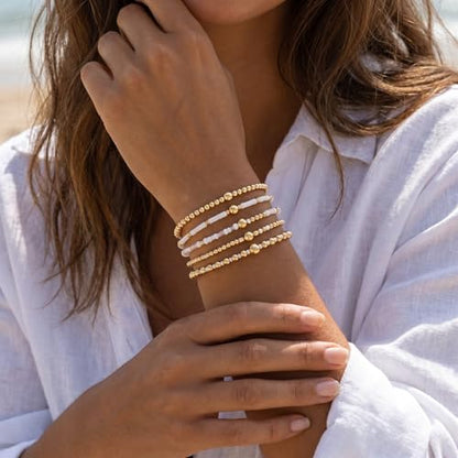 14K Gold Plated Beaded Bracelets Stack Set for Women,Stretch Boho Ball Jewelry Friendship Trendy - color: White