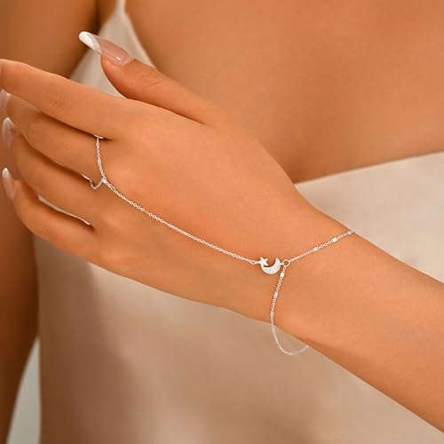 925 Sterling Silver Hand Chain Bracelet for Women | 14k Gold Plated CZ Crystal Heart Starburst Ring Bracelets Hand Chain Diamond Layered Stackable Link Chain Beach Jewelry Gifts - color: SilverE