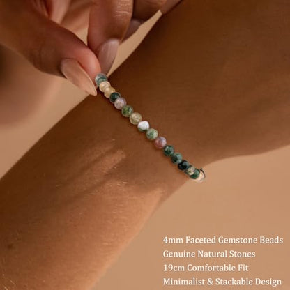 Natural Faceted Crystal Bracelet for Women,4mm Gemstone Round Beads Bracelets Adjustable Stretchy Healing Crystal Beads Bracelets Dainty Jewelry Gift - color: Indian Agate