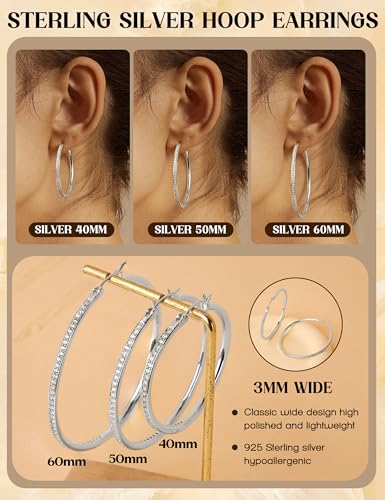 925 Sterling Silver Hoop Earrings for Women Sparkly Cubic Zirconia Large Hoops 18K White Gold Plated Hypoallergenic Lightweight Rhinestone Big Hoop Earrings 40/50MM Silver/Gold - color: 40mm-Silver