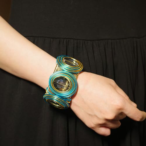 Chunky Gold Cuff Bracelets for Women Stack Silver Bracelet Vintage Bohemian Indian Bangles for Women Adjustable Open Wide Gold Bangle Bracelet Trendy Statement Jewelry - style: METALLIC FINISH SPIRALS THREE BLUE GLASSSTONE