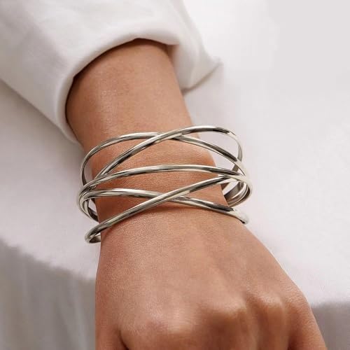 Multi-layer Cuff Bracelet for Women Gold Silver Chunky Cross Wire Bangle Bracelet Wide Adjustable Open Bracelet Trendy Statement Outfits Accessories - color: Silver