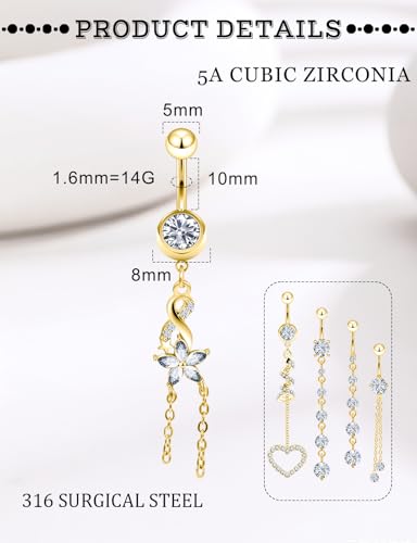 14G Belly Button Ring Piercing Surgical Steel Clear Pink CZ Dangling Navel Rings 10MM Length Hypoallergenic Heart Flower Belly Piercing Jewelry for Women Men Silver Gold - color: Gold- Clear CZ