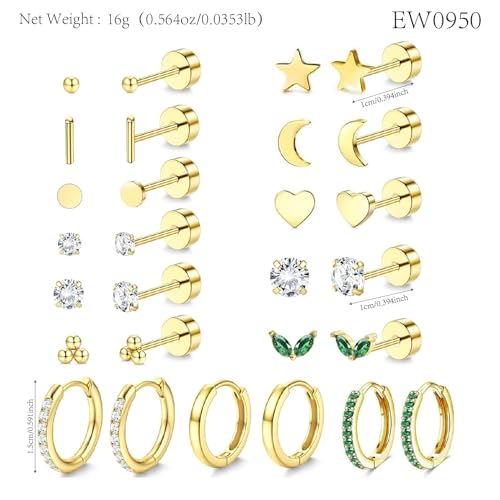 Stainless Steel Stud Earrings Set for Women Hypoallergenic Flat Back Cartilage Earrings Screw Back Huggie Hoop Earrings Multiple Piercing Cubic Zirconia Helix Tragus Jewelry - color: Set-D-14K Gold Plated