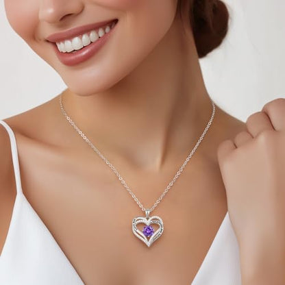 CDE Engraved Forever Love Heart Birthstone Necklace Jewelry Gifts for Women | Hypoallergenic,Nickel-Free & Lead-Free,3 x 3 mm 5A CZ Heart Pendant,Anniversary Christmas Birthday Gift for Girlfriend Wife - color: 02-Feb-WG, style: White Gold Plated