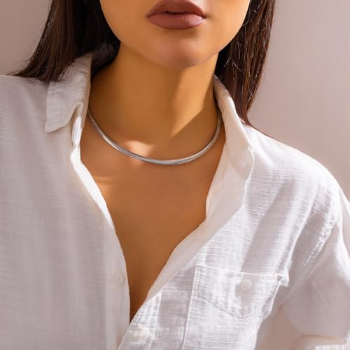 Chunky Gold Choker Necklaces for Woman Fashion Thick Statement Collar Necklace Adjustable Trendy Large Circle Hoop Jewelry Rock Prom Accessories - color: Silver