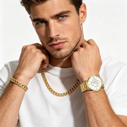 NEWITIN 4 Pieces Black Jewelry Set for Men Stainless Steel Watch Necklace Bracelet Ring Fashion Black Wristwatch Cuban Link Chain Cuban Jewelry Set for Men - color: Gold