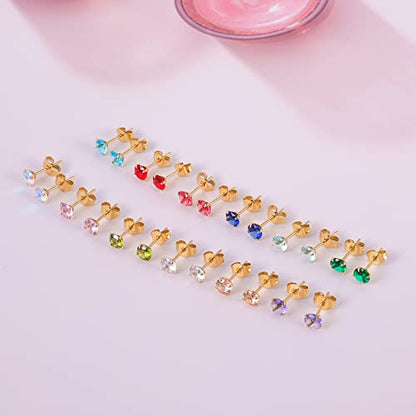 12 Pairs 18K Gold Plated Surgical Stainless Steel Stud Earrings, Star Heart Square Stud Earring for Women, Cubic Zirconia Birthstone Stud Earrings Set - color: Gold round 4mm