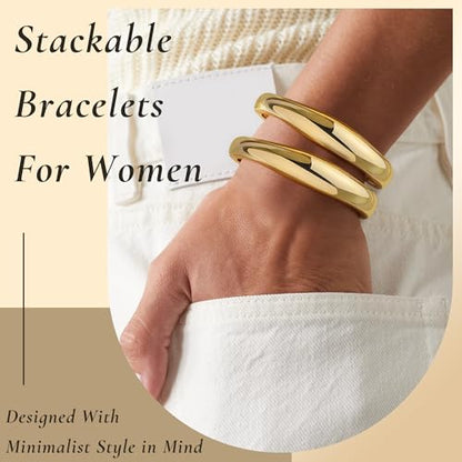 Gold Bangle Bracelets for Women Cuff Stackable Waterproof Non Tarnish Bracelet Stack Silver Plated 14k Chunky Bangles Jewelry Set for Woman - style: Style 5