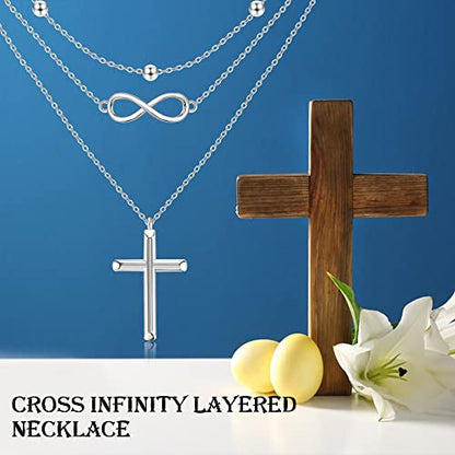 MONGAS Boho Layered Necklace Sterling Silver Triple 3 Stacked Vertical Bar Triangle Long Layering Necklaces Christmas Jewelry Gifts for Women - style: Infinity Cross