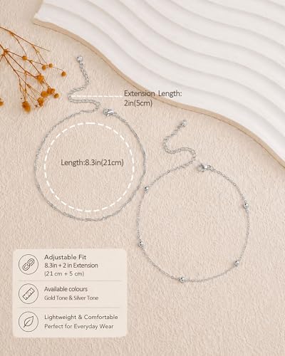 Gold Silver Ankle Bracelets for Women Waterproof 14K Gold Plated Anklets for Women Non Tarnish Dainty Layered Beaded Heart Anklet Set Summer Beach Foot Chain Jewelry Gifts Trendy Stuff - color: G- Stackable Anklets-Silver