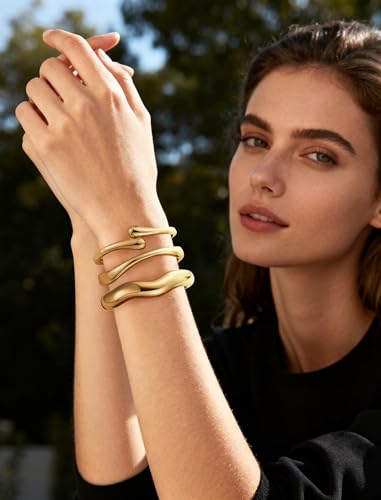 Chunky Gold Bangle Bracelets for Women – 14k Gold Plated | Cuff Bangles, Stackable Bracelet Set, Wide Trendy Fashion, Jewelry Gift - color: 03-Gold-3pcs