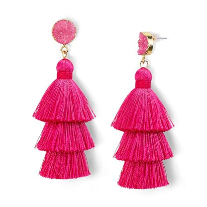 Me&Hz Colorful Layered Tassel Earrings Bohemian Statement Tiered Tassel Big Dangle Drop Earrings for Women Druzy Studs Valentine’s Day Gift - color: 02 Hot Pink