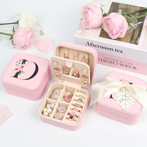 AYGXU Travel Jewelry Box for Women and Girls - Small Case With Initial A-Z - Teacher Gifts - color: pink, size: J