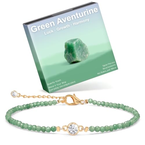 Raicegs Anklets for Women Handmade Beach Boho Ankle Bracelet 3mm Natural Stone Beaded Ankle Bracelet 14K Gold Plated Zircon Pendant Adjustable Crystal Gemstone Anklet Jewelry Gift for Her - color: Green Aventurine