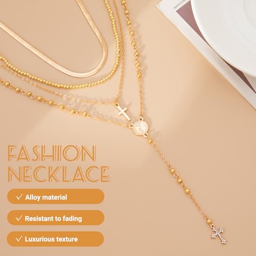 Layered Cross Necklace Set for Women, Layered Choker Necklaces Trendy Jewelry, Colorful Enamel Beaded Y-Shaped Lariat Necklace, Boho Multilayer Cross Necklace for Party and Daily Wear - color: Gold-01