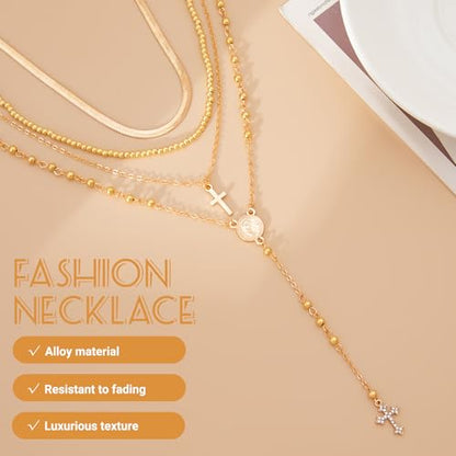 Layered Cross Necklace Set for Women, Layered Choker Necklaces Trendy Jewelry, Colorful Enamel Beaded Y-Shaped Lariat Necklace, Boho Multilayer Cross Necklace for Party and Daily Wear - color: Gold-01