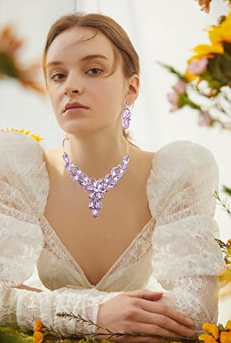 Jewelry Set for Women Rhinestone Austrian Crystal Statement Flower Necklace Link Bangle Bracelet Dangle Earrings Rings Allergy Free Wedding Party Jewelry Set for Bridal Bridesmaid - color: Violet-Gold Plated