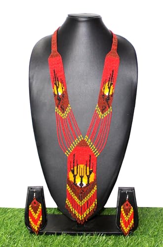 Long Beaded Necklace – Boho Native Handmade Seed Bead Tassel Necklace, Bohemian Large Statement Beaded Necklace for Women - color: Red Brown, Light Orange