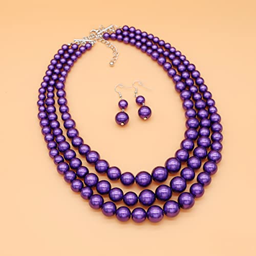 Chunky Layered Imitation Pearl Necklace for Women 3 strand Pearl Necklaces Faux Pearl Necklace Earrings Set 1920s Flapper Gatsby Costume Accessories - color: 3 strand pearl necklace Purple