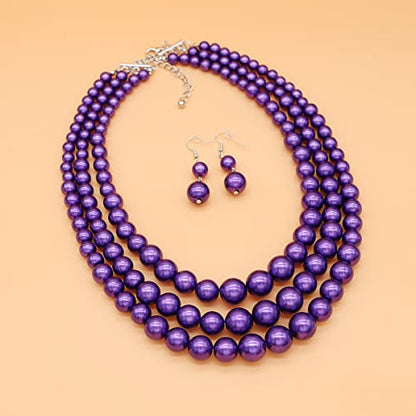 Chunky Layered Imitation Pearl Necklace for Women 3 strand Pearl Necklaces Faux Pearl Necklace Earrings Set 1920s Flapper Gatsby Costume Accessories - color: 3 strand pearl necklace Purple