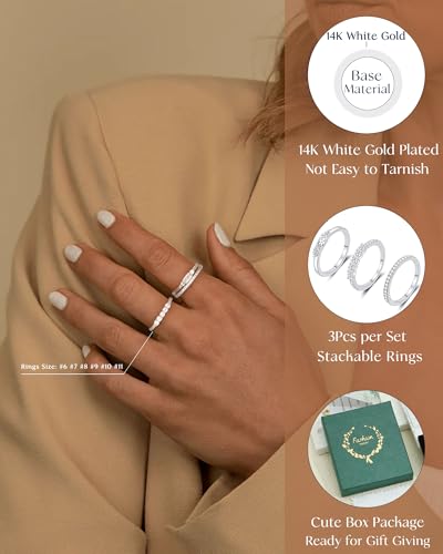 FUNEIA Stackable Silver Gold Rings for Women Non Tarnish 14K Gold Plated Thumb Cubic Zirconia Rings for Women Dainty Pinky Promise Wedding Ring Set Women's Engagement Eternity Band Rings Gold Jewelry - color: D-Silver Cubic Zirconia Rings