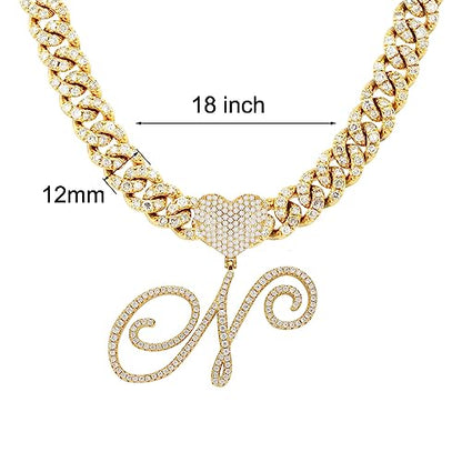 Initial Necklaces Silver Cuban Link Chain for Women Iced Out Chain with Heart Letter Pendants Custom Chain Name Necklace Hip Hop Jewelry Gift - color: N Gold
