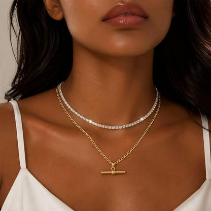 Layered Necklaces for Women Pearl Necklace Stack Gold T Bar Necklace Set Dainty Heart Pendant Jewelry Trendy 2026 Fashion Accessories Gifts - color: B5:2pcs-tennis-gold