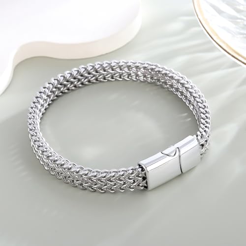 Braided Chain Bracelet 1-Pack - Stainless Steel Franco Link Bracelet with Push-Button Clasp (Gold, Silver, Black Options) - color: Silver