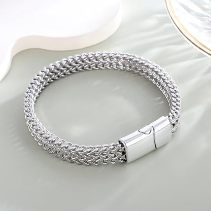 Braided Chain Bracelet 1-Pack - Stainless Steel Franco Link Bracelet with Push-Button Clasp (Gold, Silver, Black Options) - color: Silver